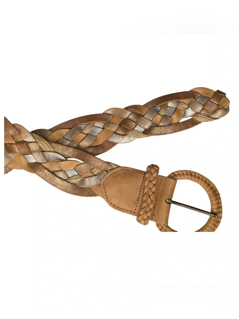 Hollister Genuine Leather Braided Belt Tan Metallic Woven Boho Size M/L